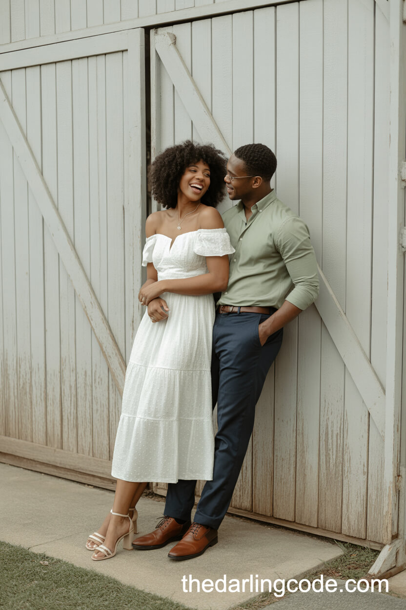 Off-Shoulder White Midi Dress And Sage Green Button-Down