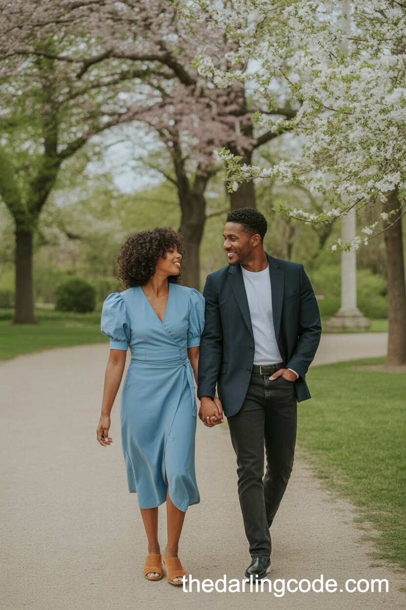 Sky Blue Wrap Dress And Dark Fitted Jeans With Sport Coat