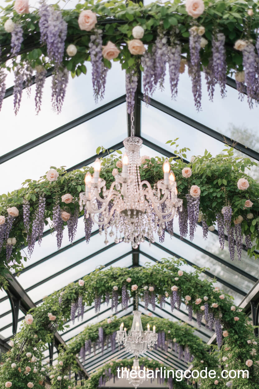 Floral Canopy Pergola With Hanging Chandeliers
