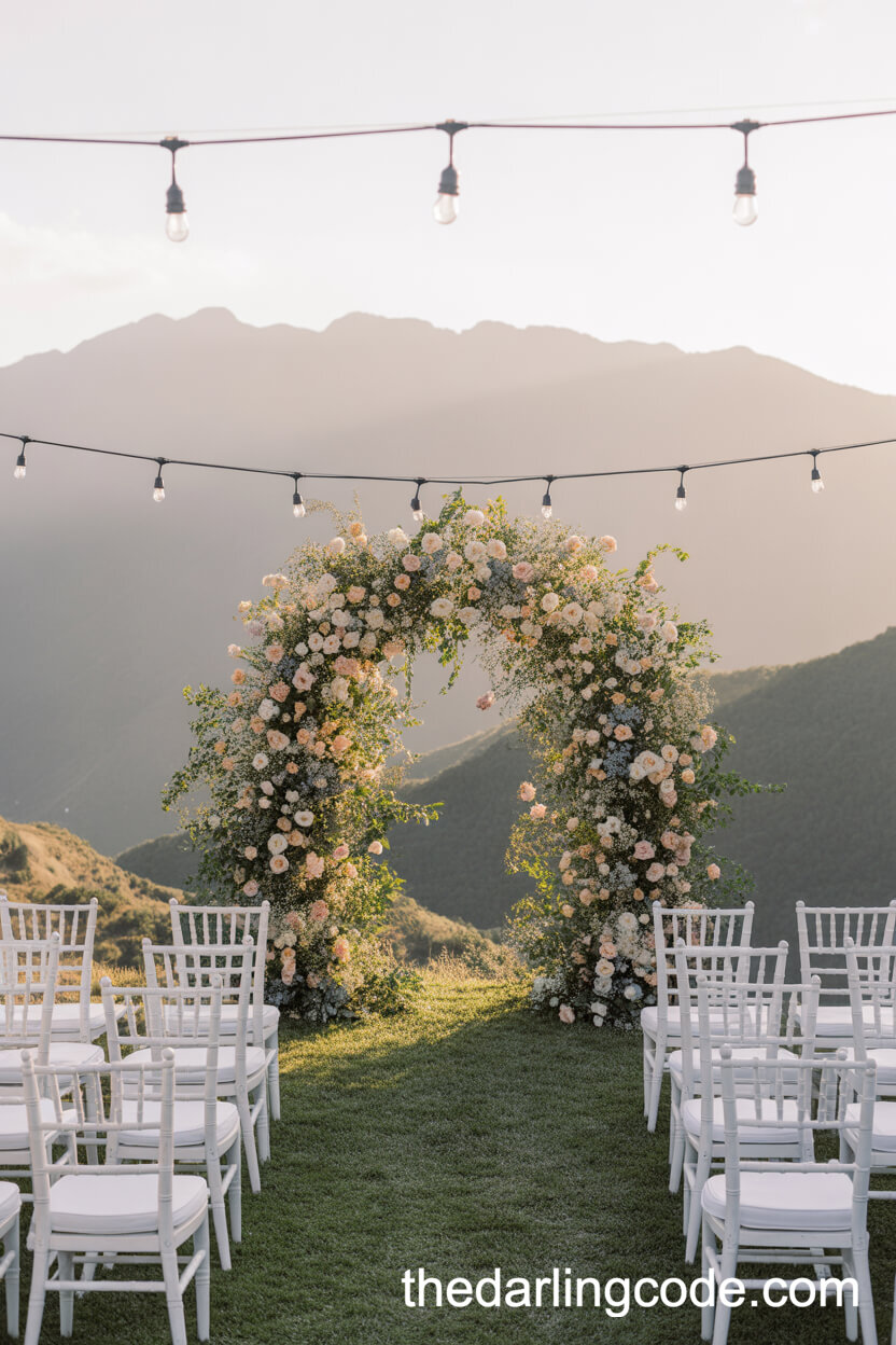 Golden Hour Outdoor Mountain Ceremony With Floral Archway
