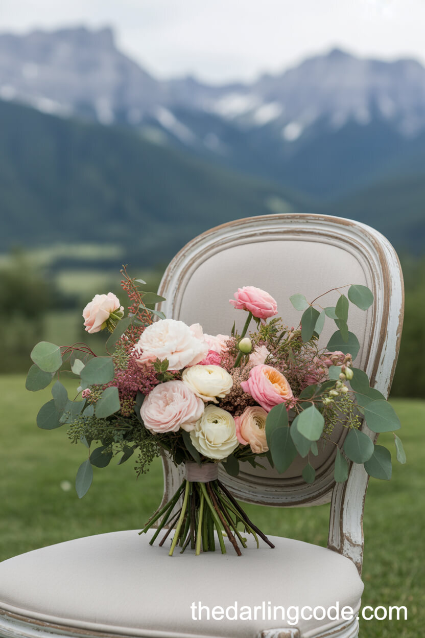 Bridal Bouquet Close-Up With A Mountain Backdrop