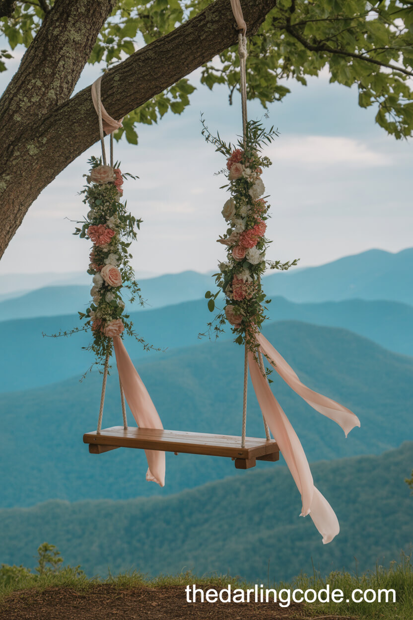 Flower-Draped Tree Swing Overlooking The Mountains