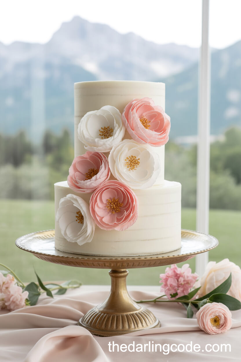 Elegant Wedding Cake Display With Mountain Views