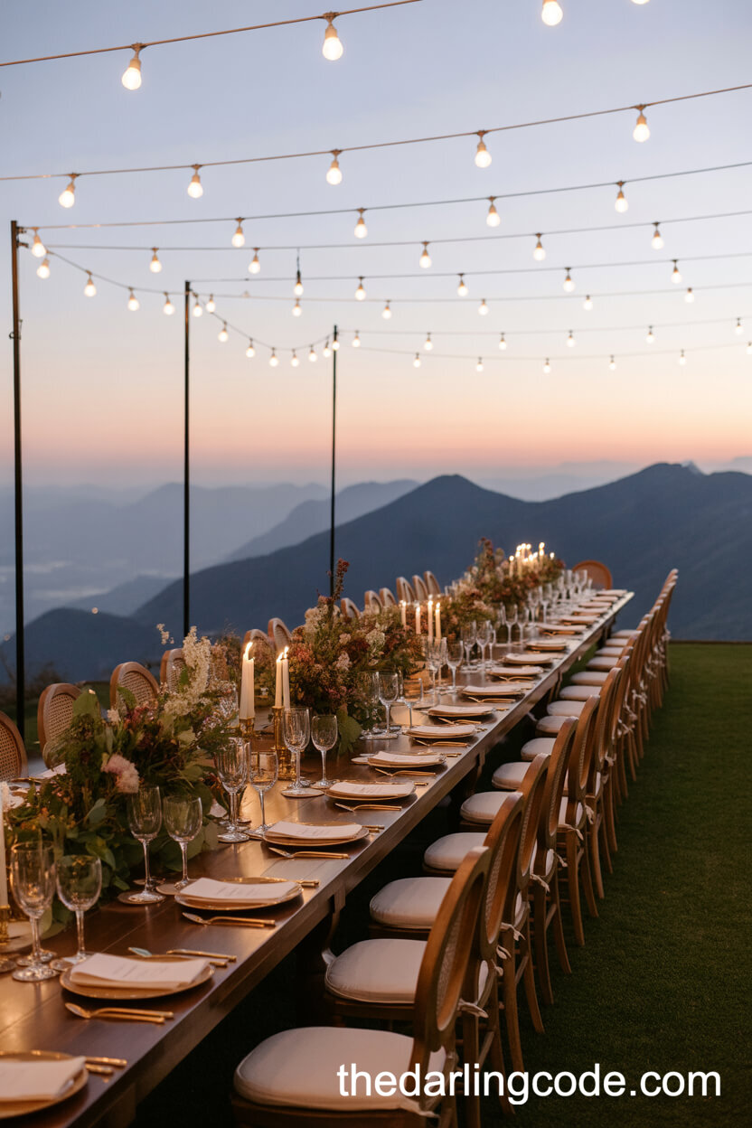 Banquet Table Under String Lights On A Mountain Terrace