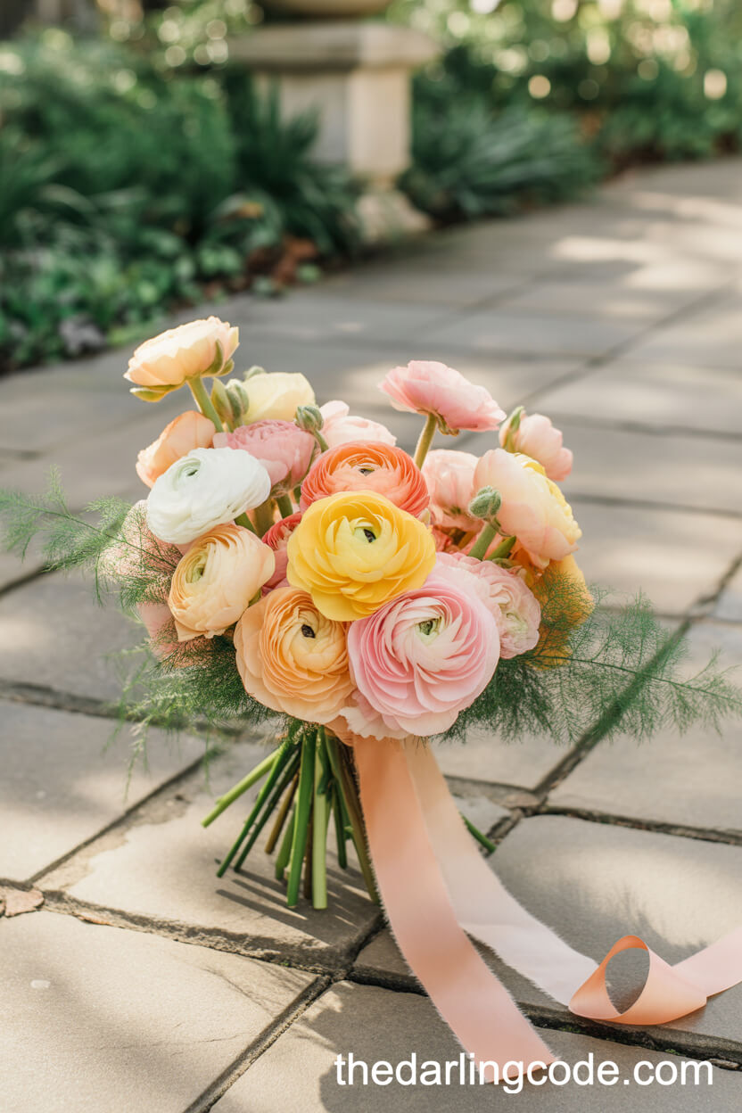 Pastel Ranunculus And Ferns Garden Terrace Bouquet