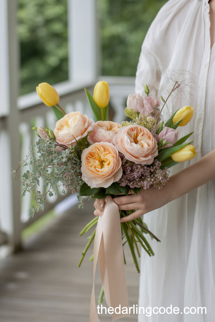 Peach Garden Rose And Yellow Tulip Veranda Bouquet