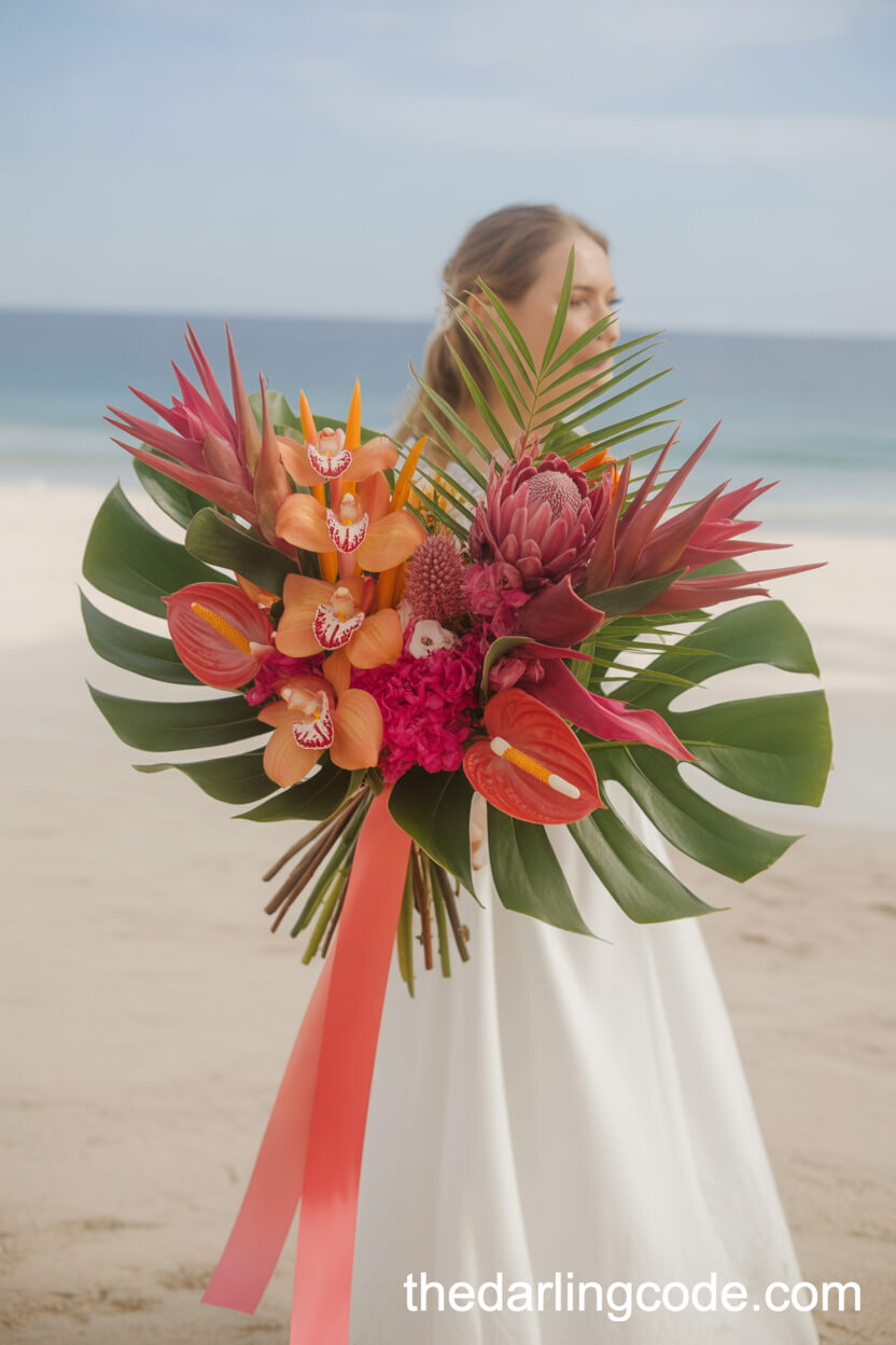Vibrant Tropical Orchid And Protea Beach Bouquet