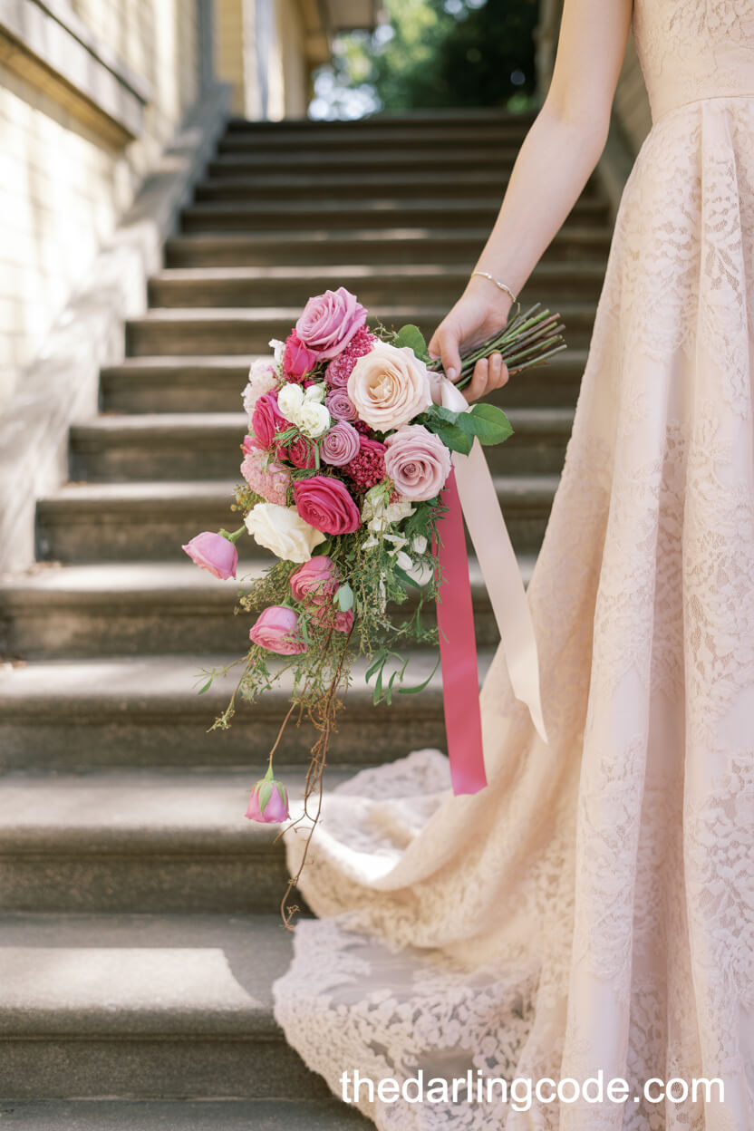 Cascading Pink And Cream Roses Manor House Bouquet