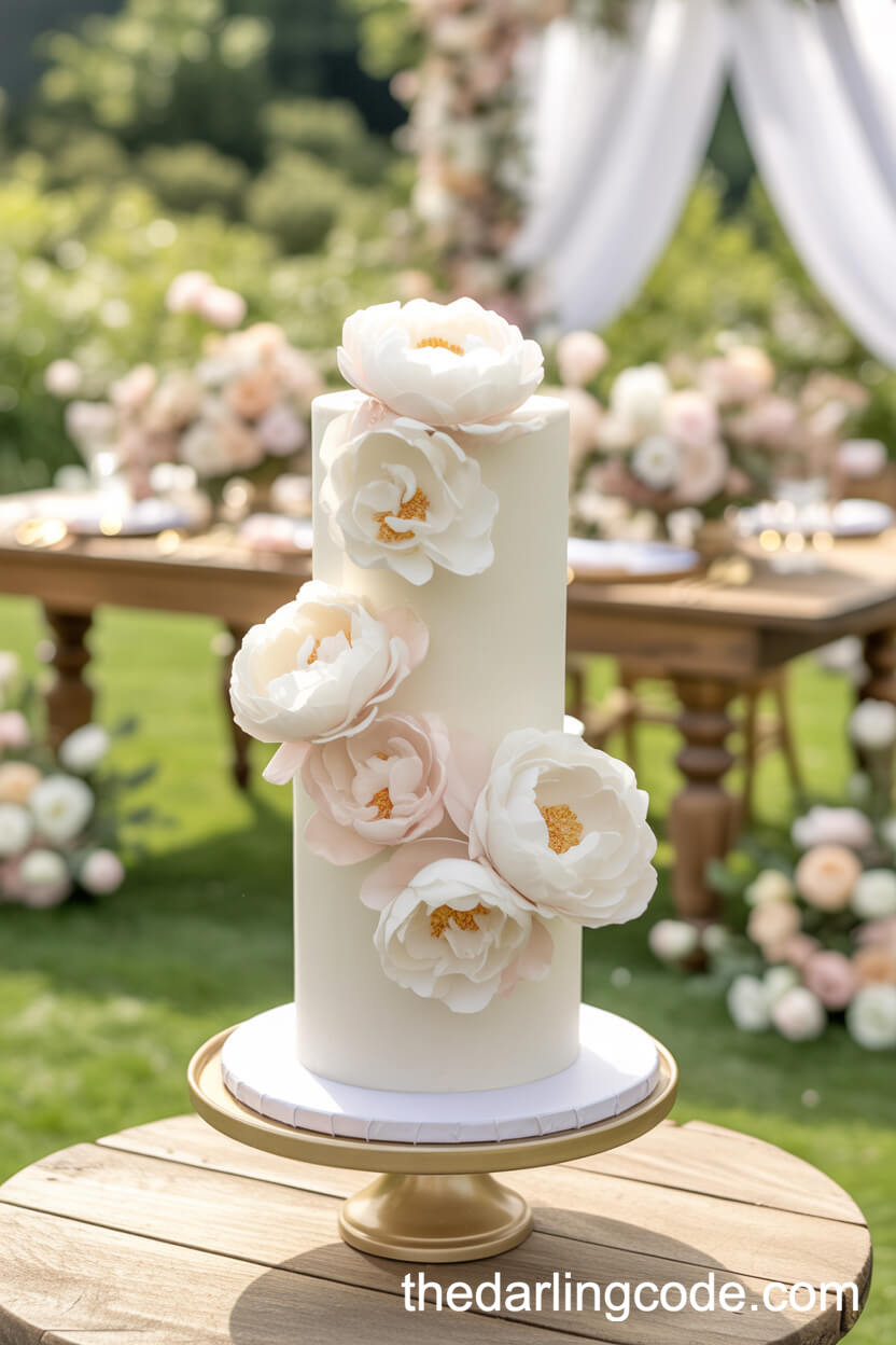 Tall White Cake With Sugar Peonies And Roses