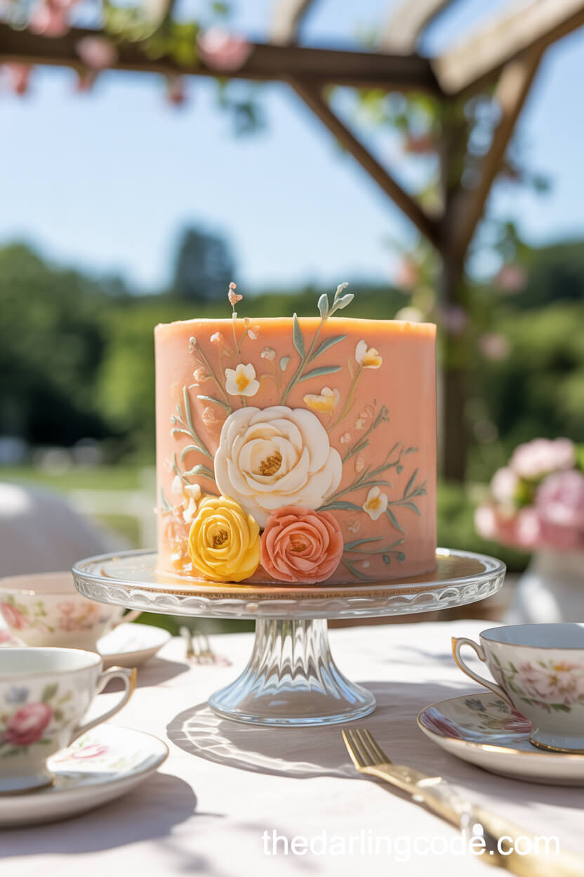 Peach Cake With Hand-Painted Florals