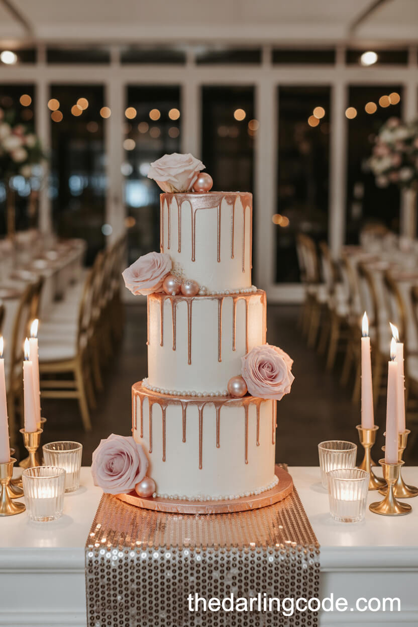White Cake With Rose Gold Drip And Blush Roses