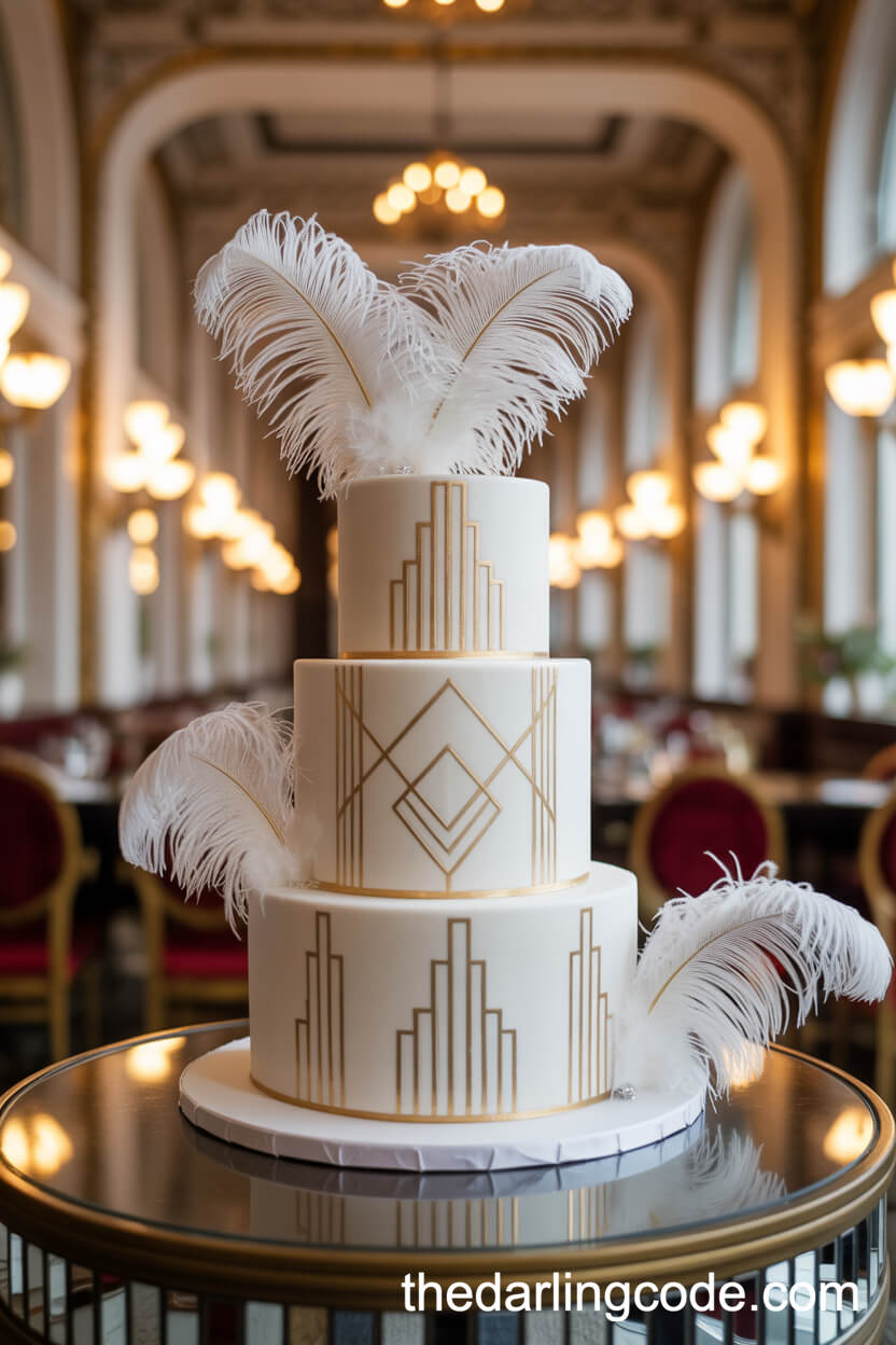 Art Deco-Inspired White Fondant Cake With Gold Geometric Lines