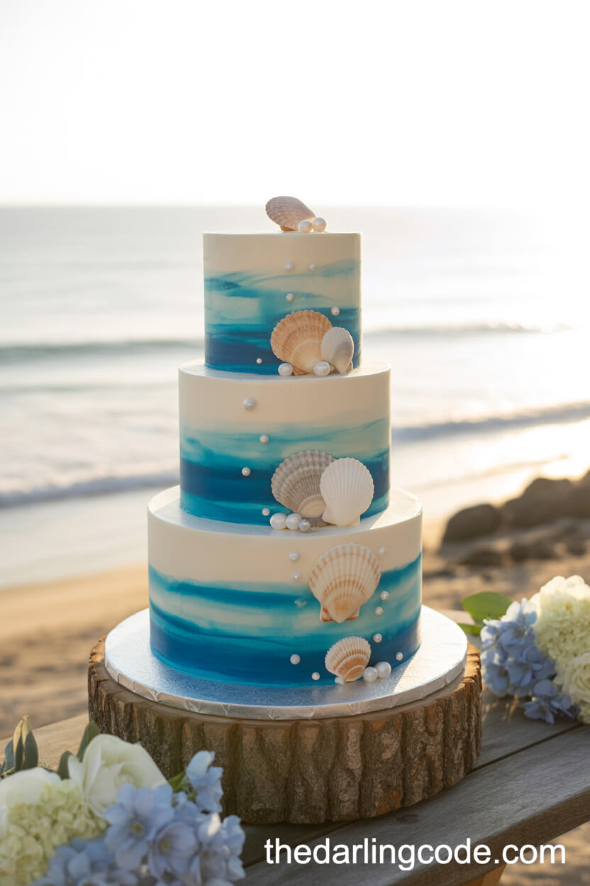 Watercolor Blue And White Cake With Edible Seashells