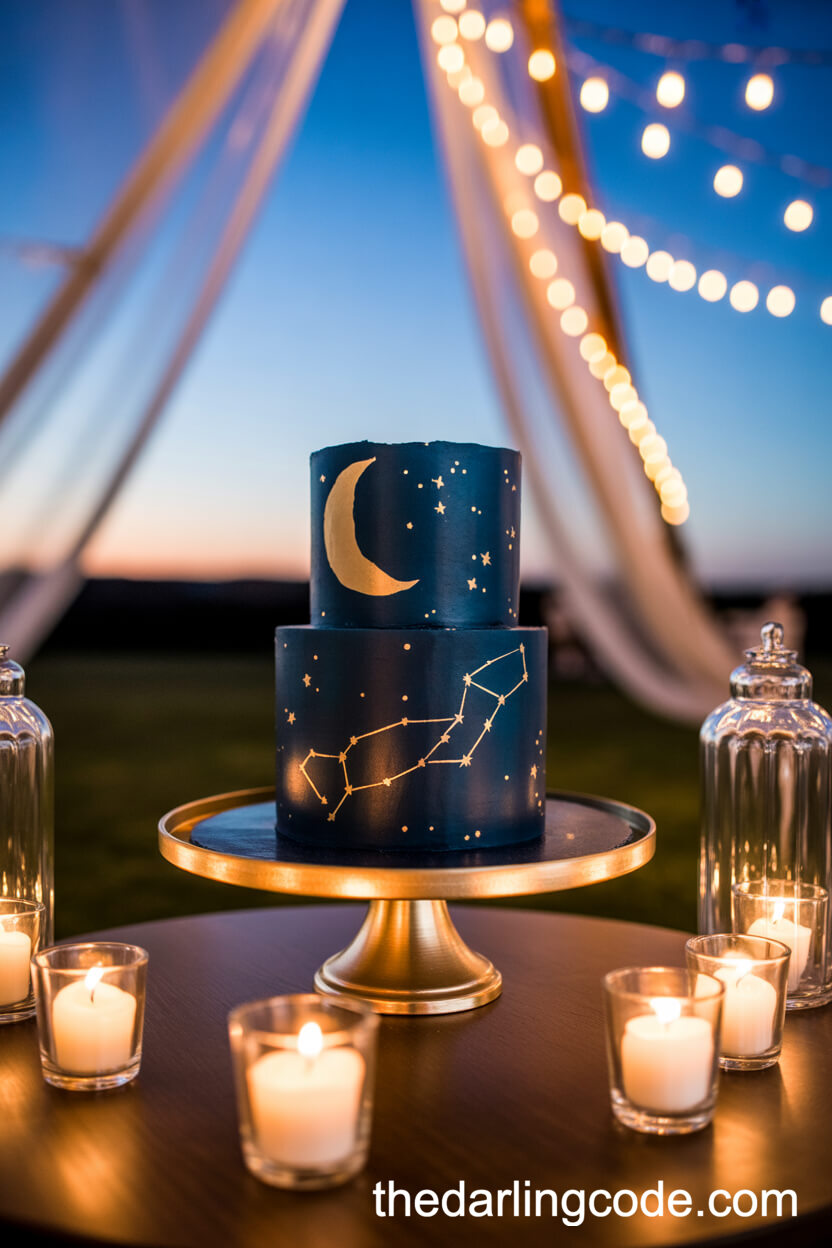 Navy And Gold Constellation Cake With Crescent Moon Topper