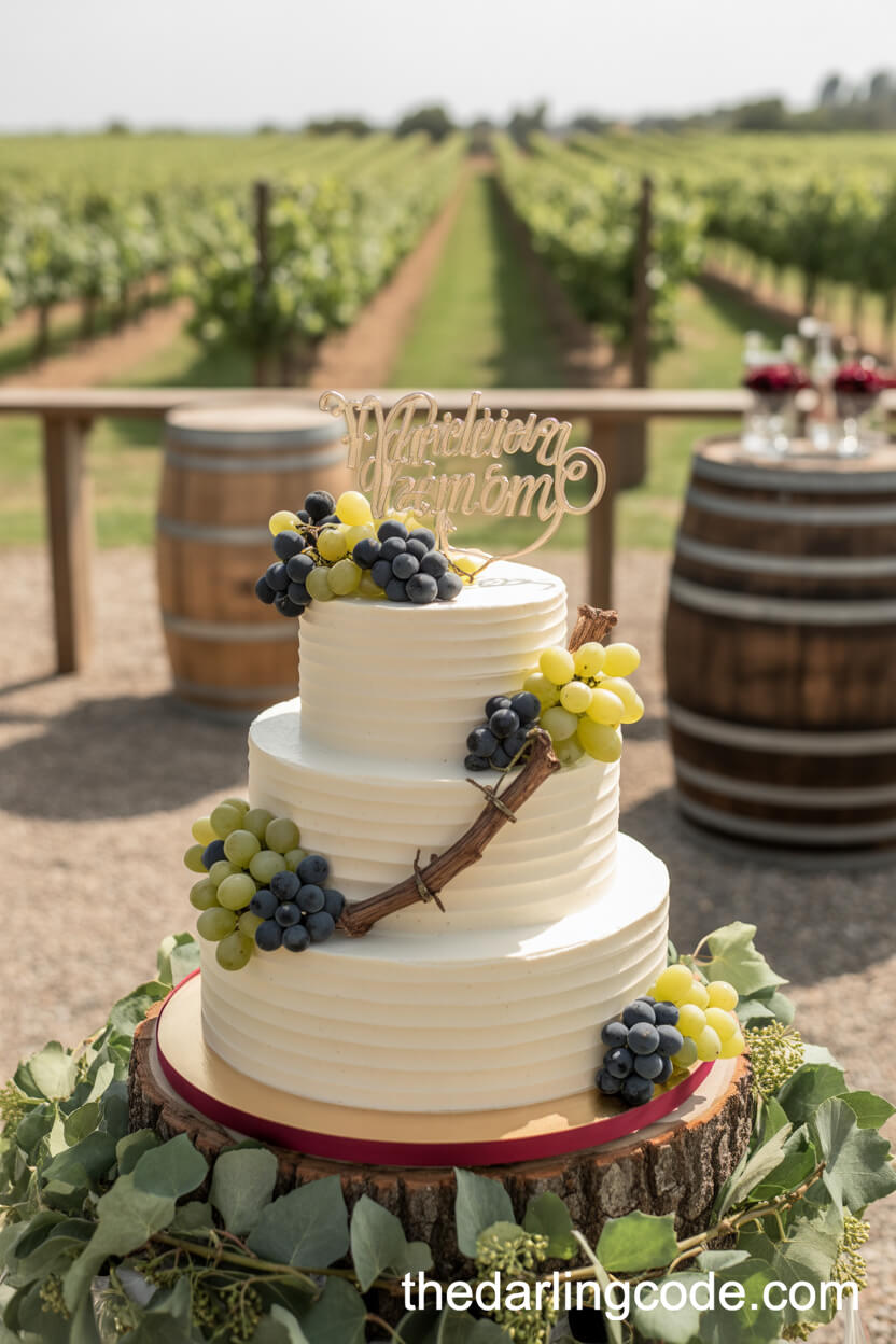 Cream And Grape-Themed Wedding Cake