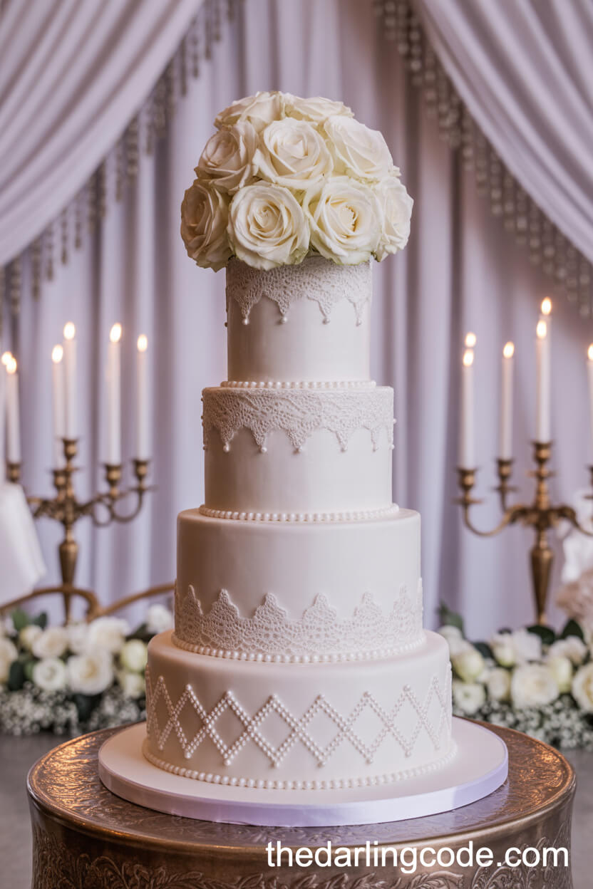 Four-Tier White Cake With Edible Lace And Sugar Pearls