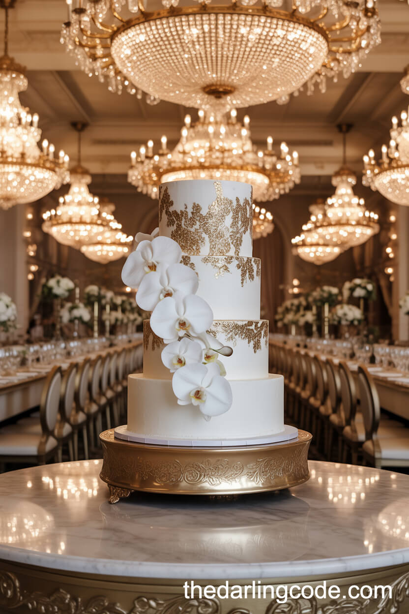 White And Gold Cake With Orchid Cascade