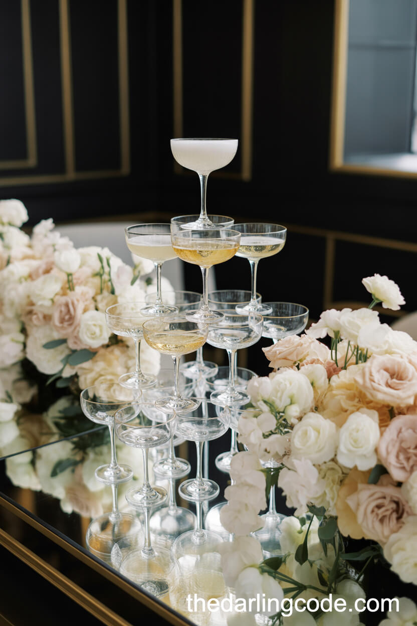 Champagne Tower Surrounded By Lush Florals