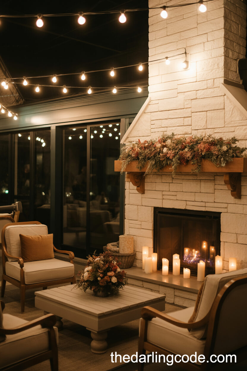 Cozy Outdoor Fireplace Lounge With Floral Decor
