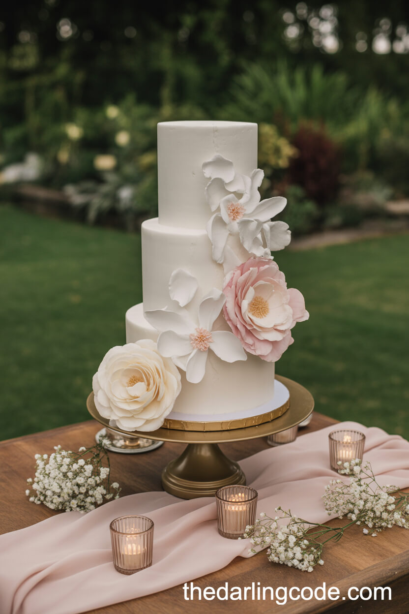 Outdoor Cake Table With Floral And Candle Decor