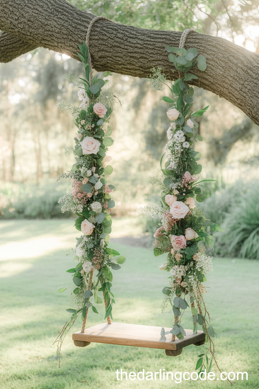 Flower-Adorned Wooden Garden Swing
