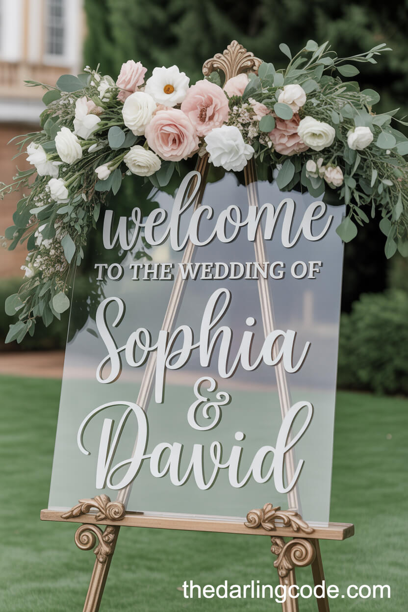 Floral Wedding Welcome Sign On Gold Easel
