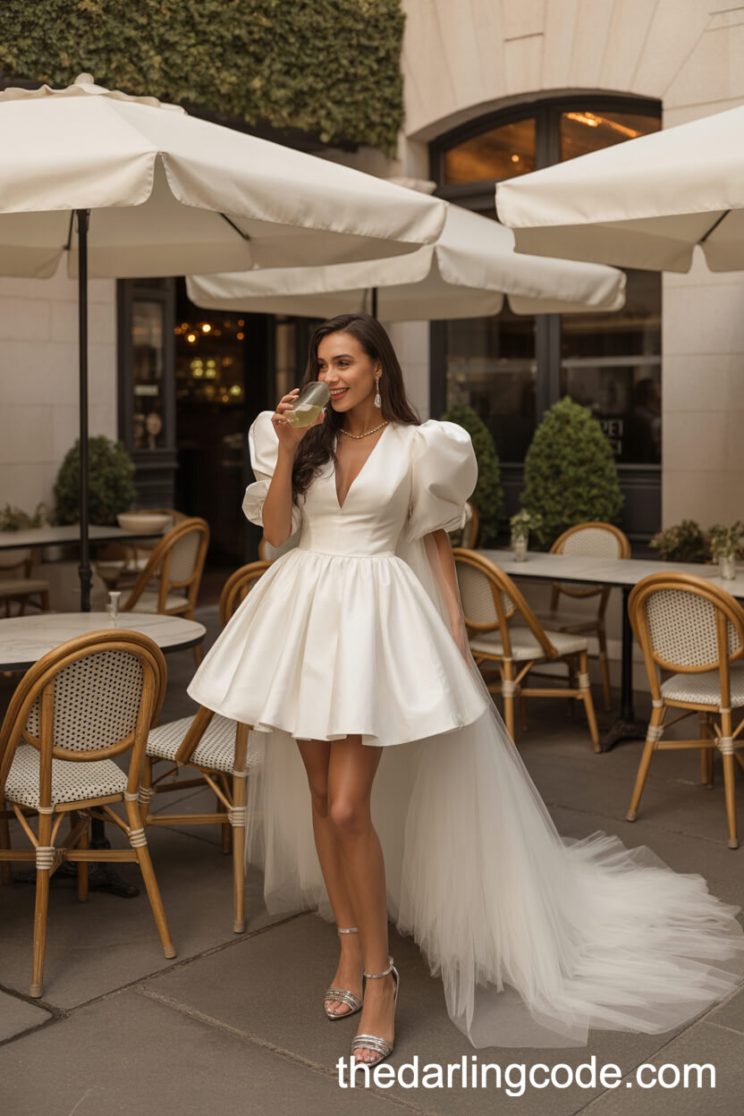 Chic Mini Dress With Puffed Sleeves And Tulle Train