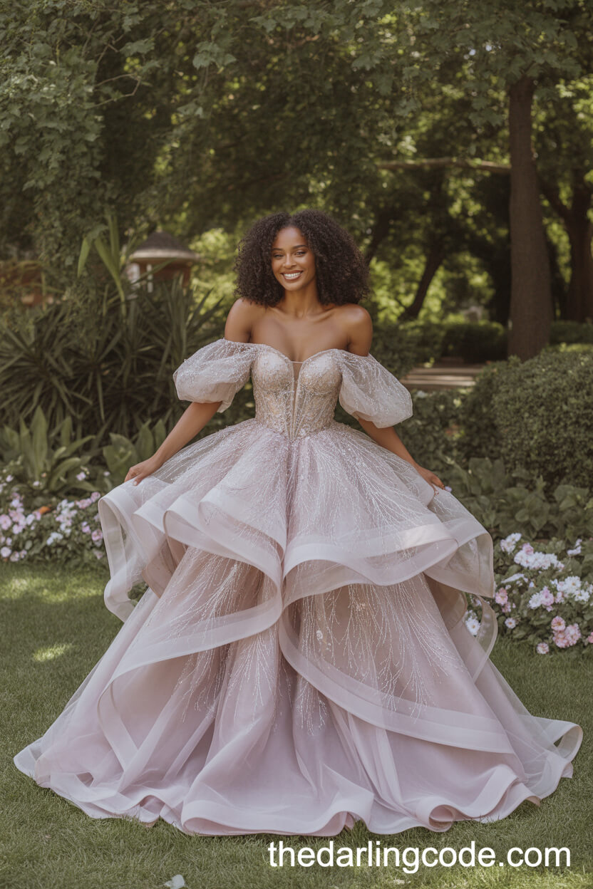 Embroidered Tulle Ballgown With Off-The-Shoulder Sleeves