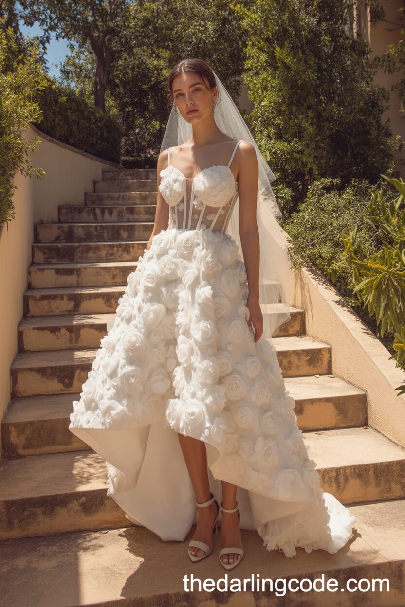 High-Low Hem Wedding Dress With 3D Floral Details