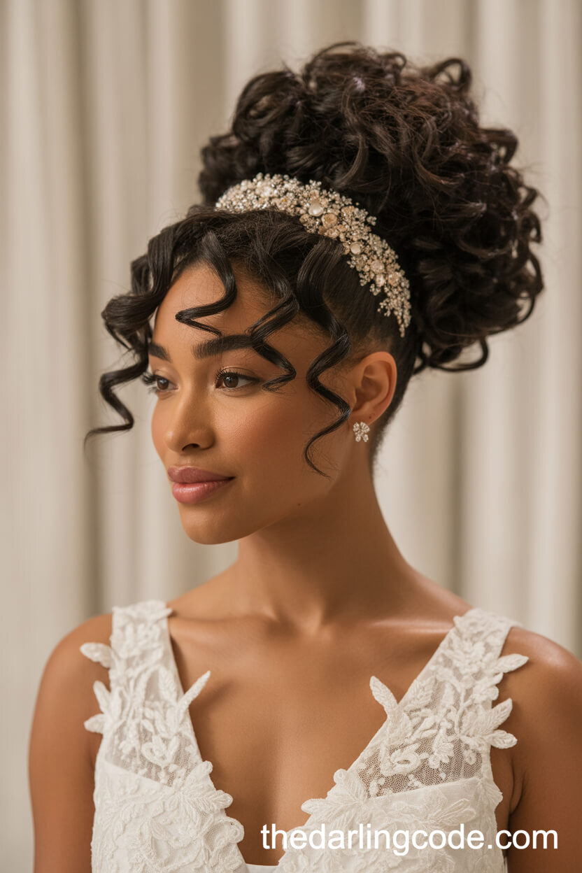 Voluminous Curly Puff Updo With Headband