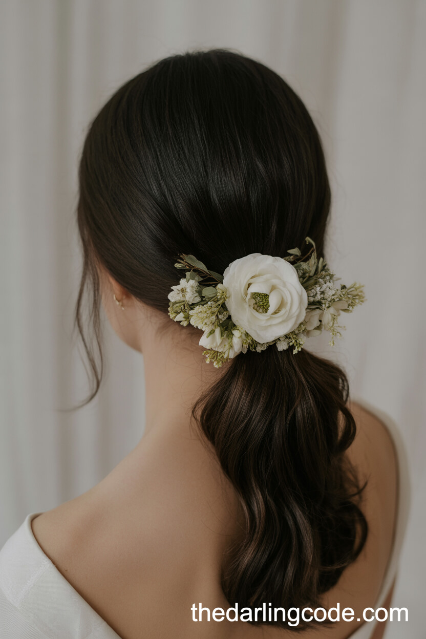 Low Ponytail With Fresh Floral Embellishments