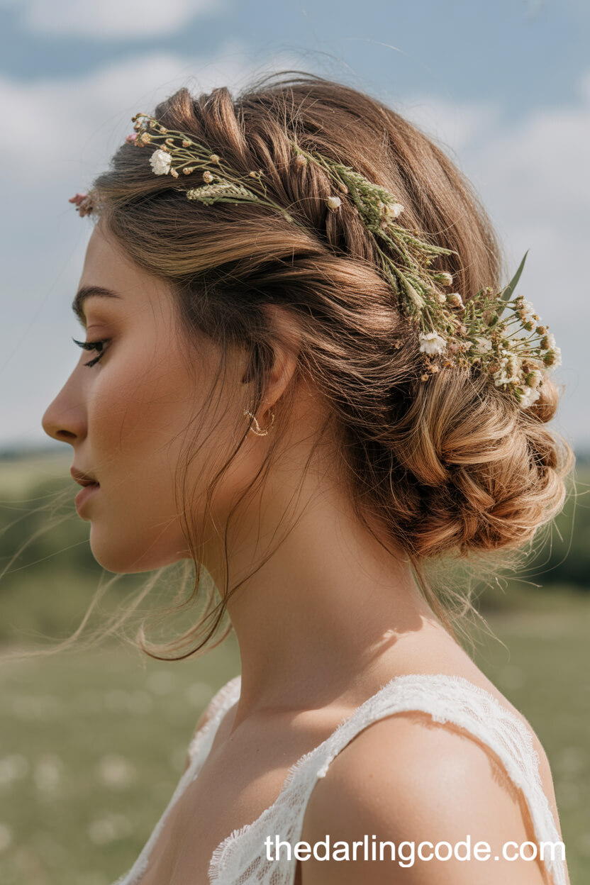 Loosely Pinned Messy Updo With Wildflowers