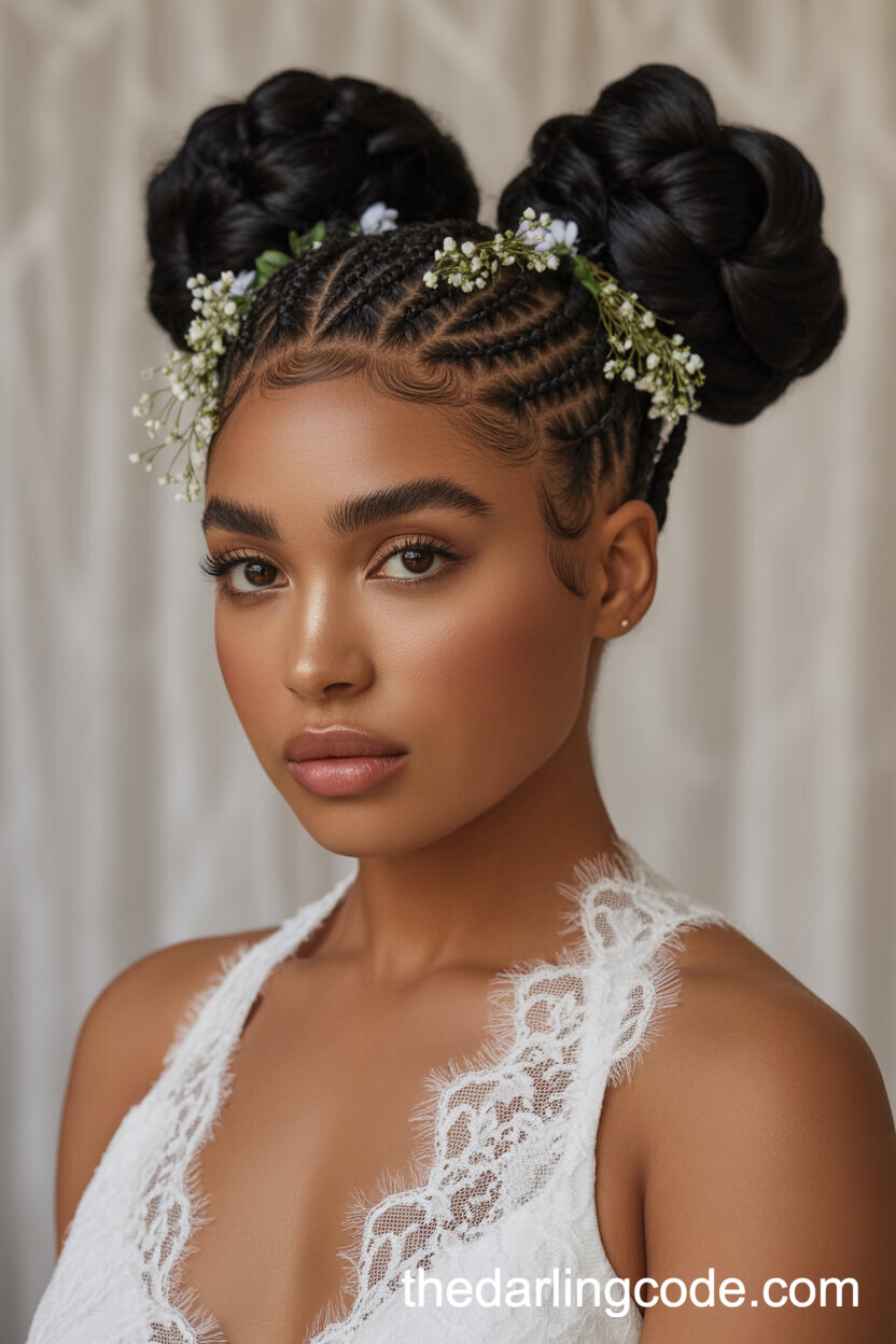 Braided Double Buns With Floral Accents