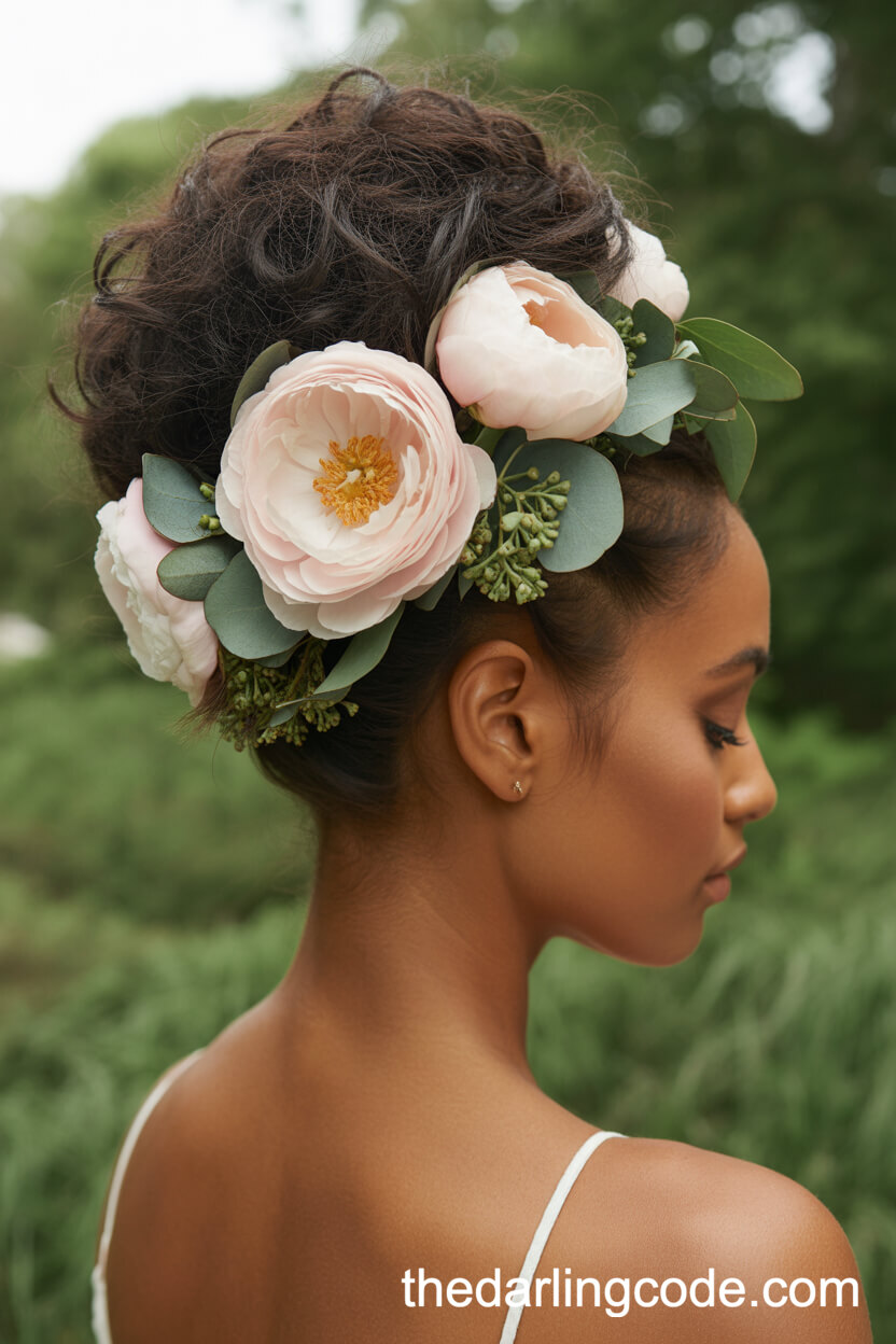 Textured High Chignon With Floral Accents