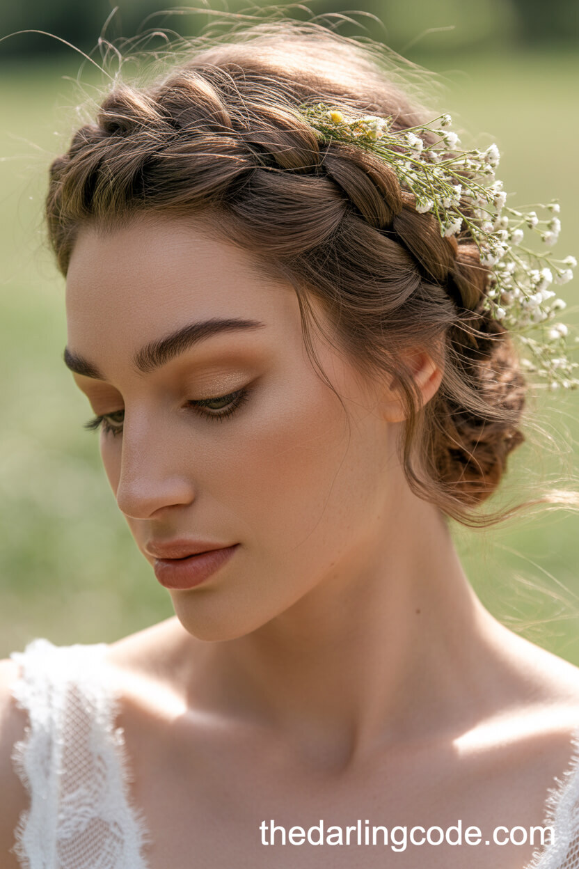 Crown Braid With Wispy Tendrils And Romantic Flowers