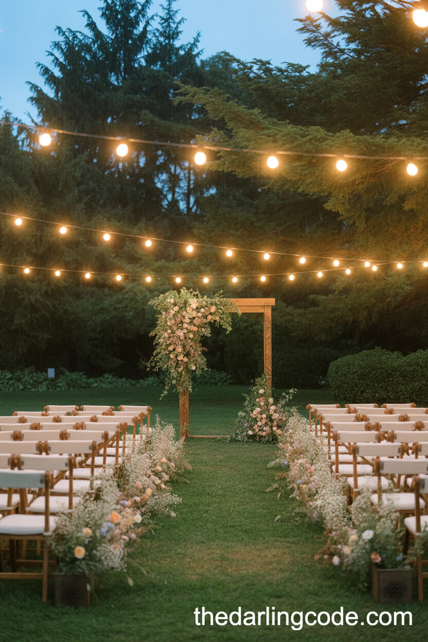Sunset Garden Ceremony With String Lights And Wildflowers