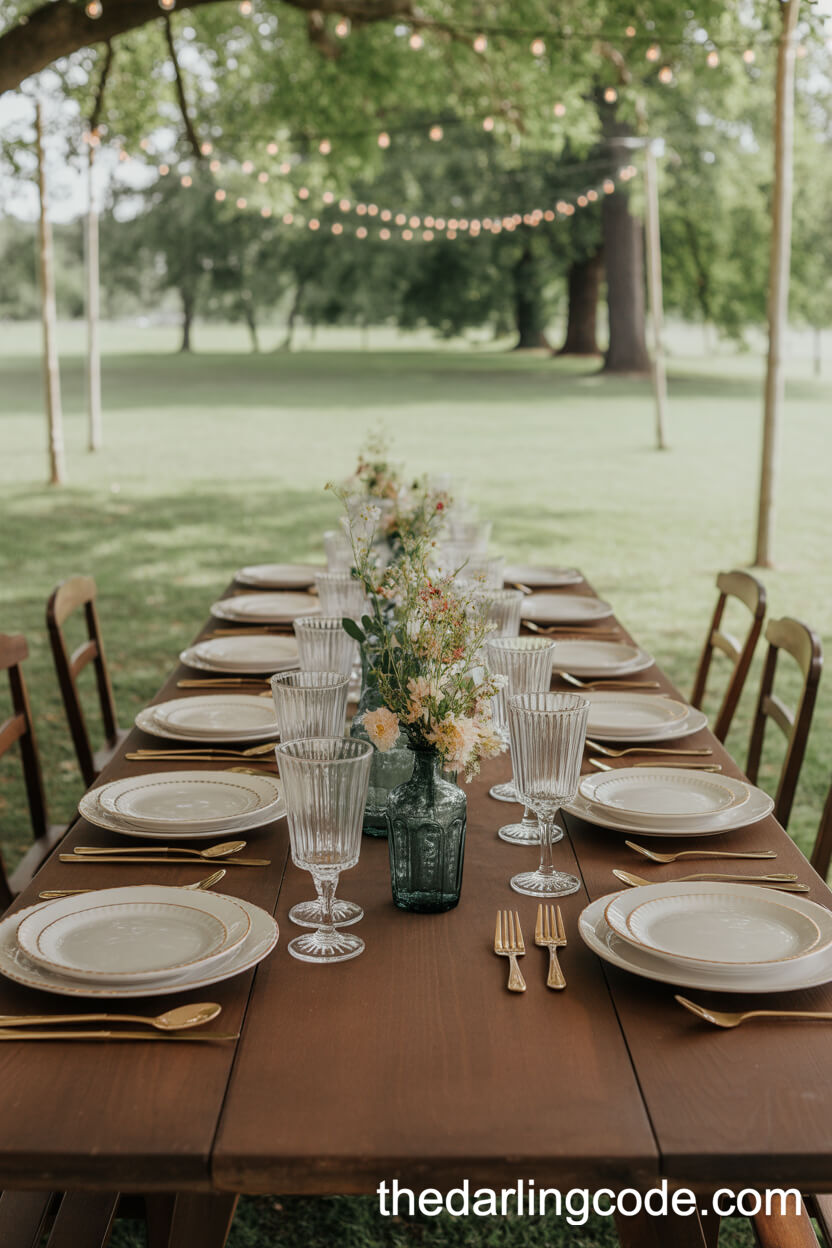 Outdoor Rustic Table Settings With Vintage Dinnerware