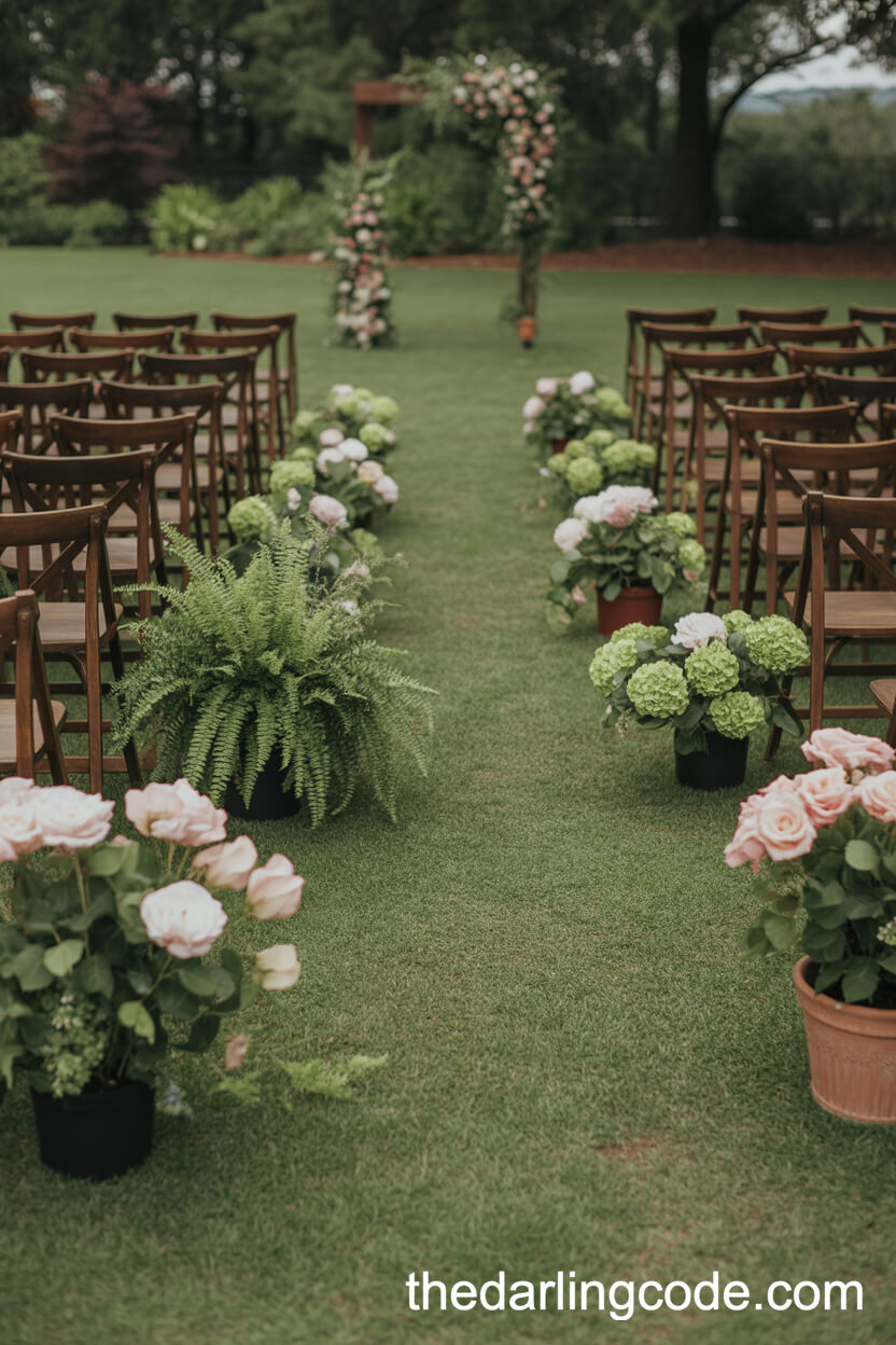 Mismatched Potted Plants Lining The Ceremony Aisle