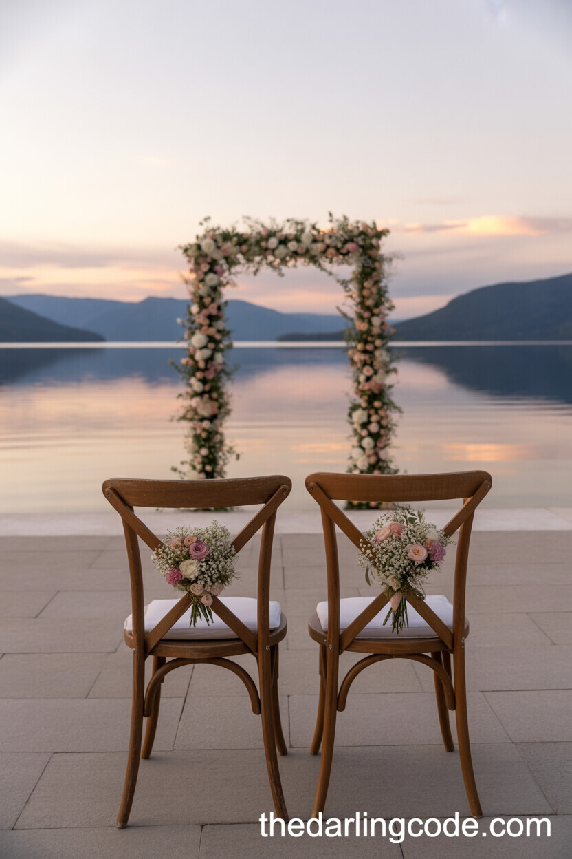 Lakeside Ceremony With Floral Arch At Sunset