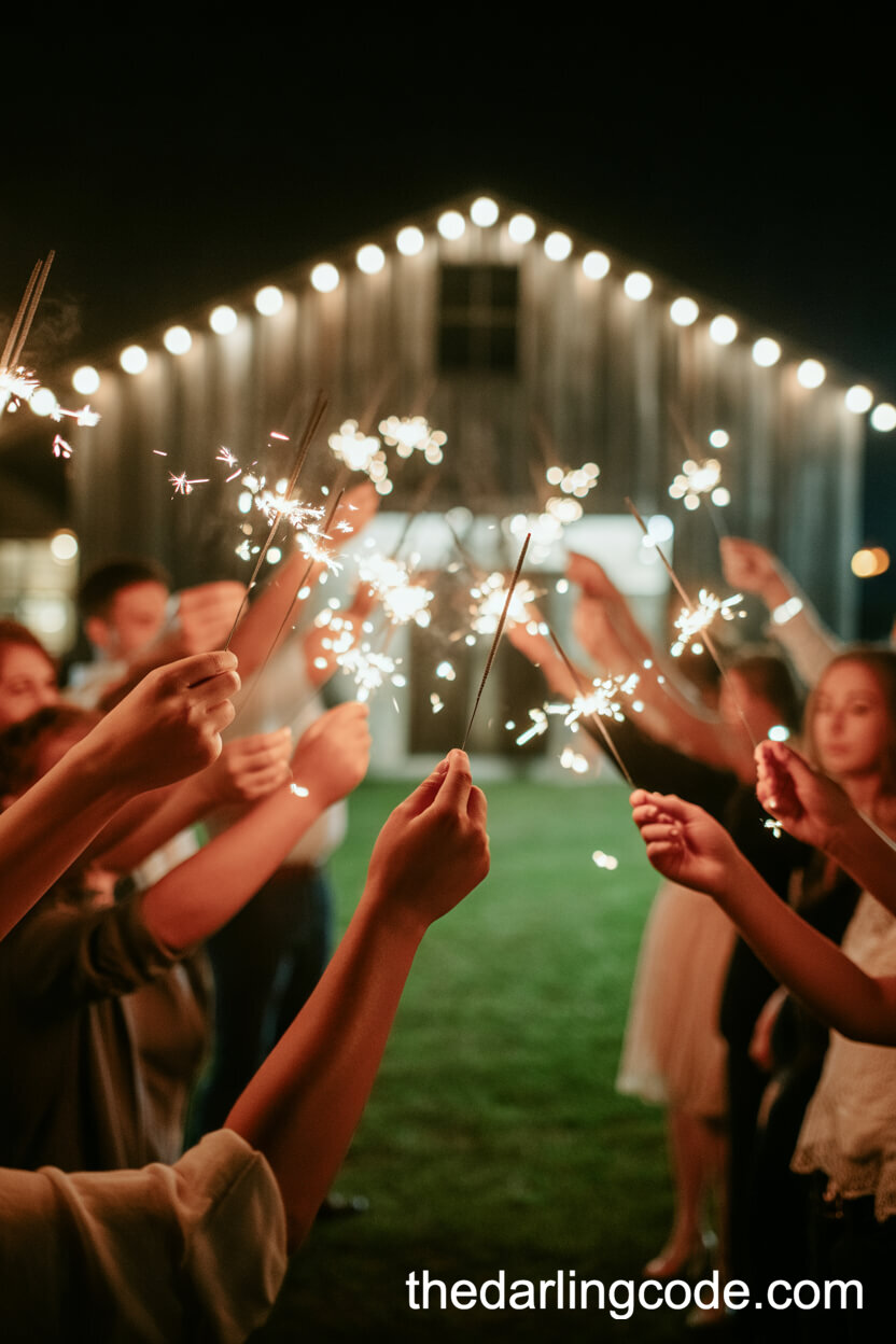 Sparkler Send-Off Outside A Rustic Barn Venue