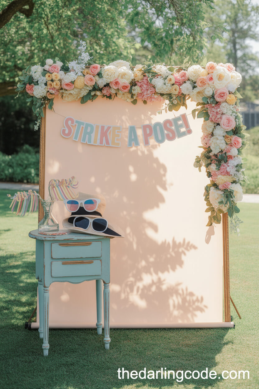 Outdoor Flower-Adorned Photo Booth With Playful Props