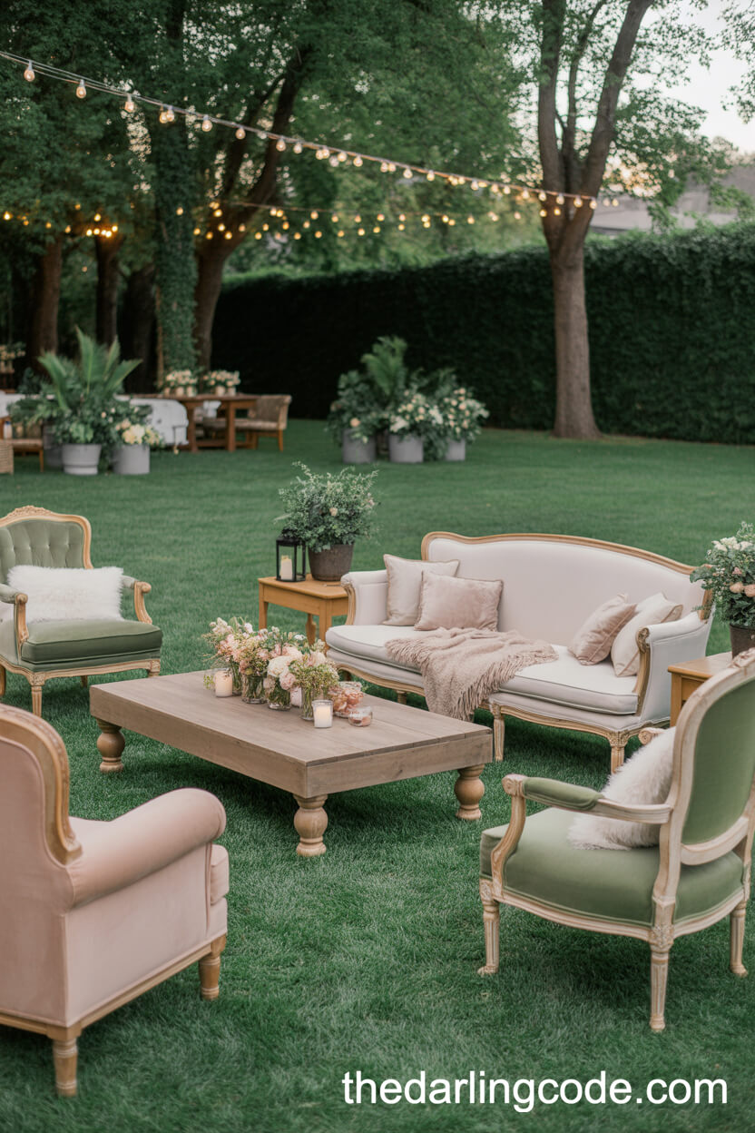 Cozy Outdoor Wedding Lounge Area With Vintage Sofas