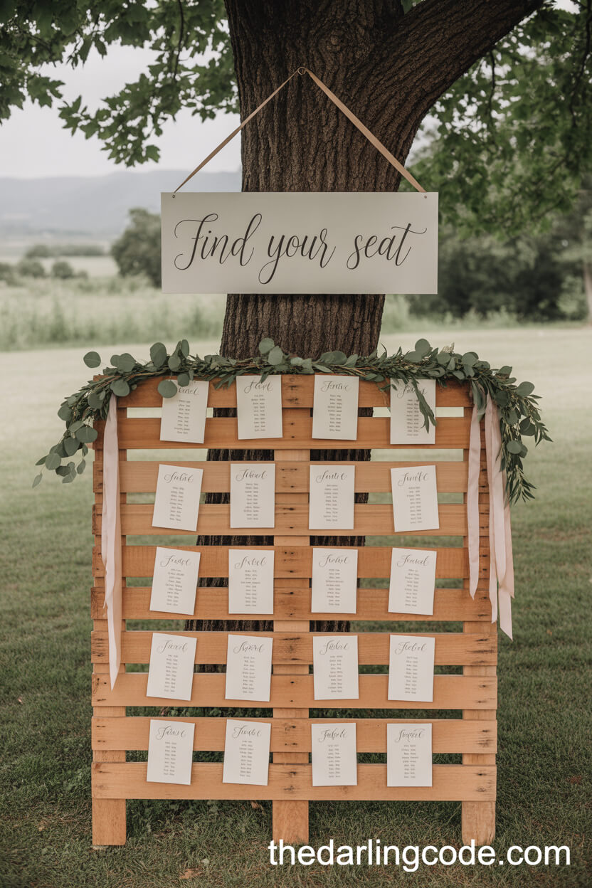Wooden Pallet Seating Chart With Greenery And Ribbons
