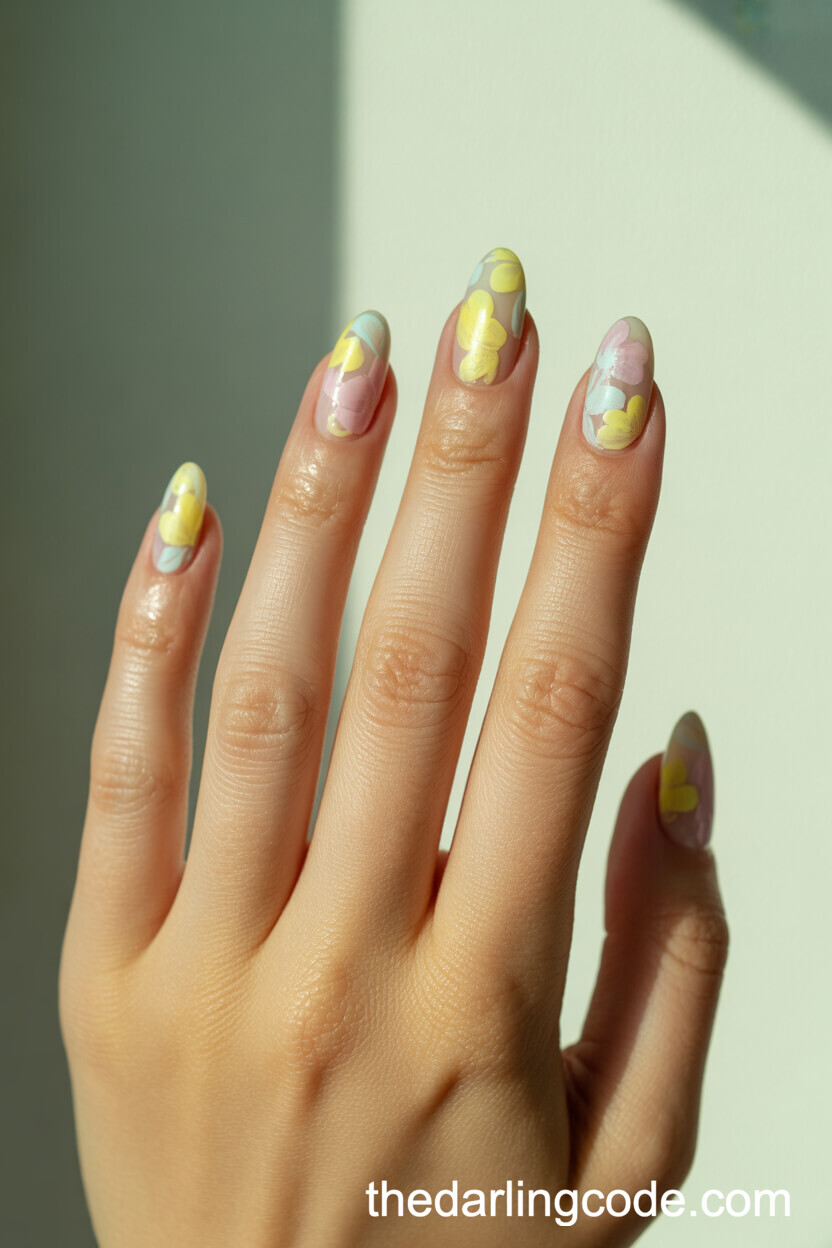 Watercolor Pastel Floral Almond Nails