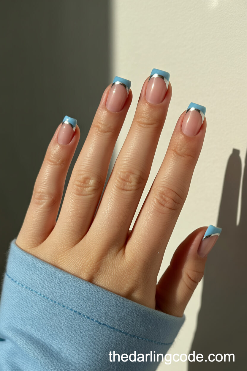 Baby Blue French Tip Square Nails With Silver Lining