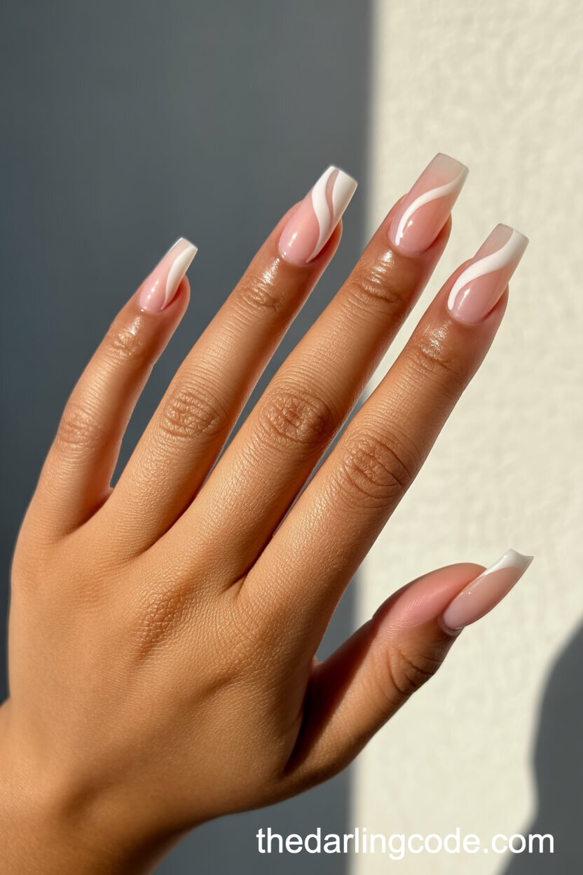 Blush And White Swirl Coffin Nails