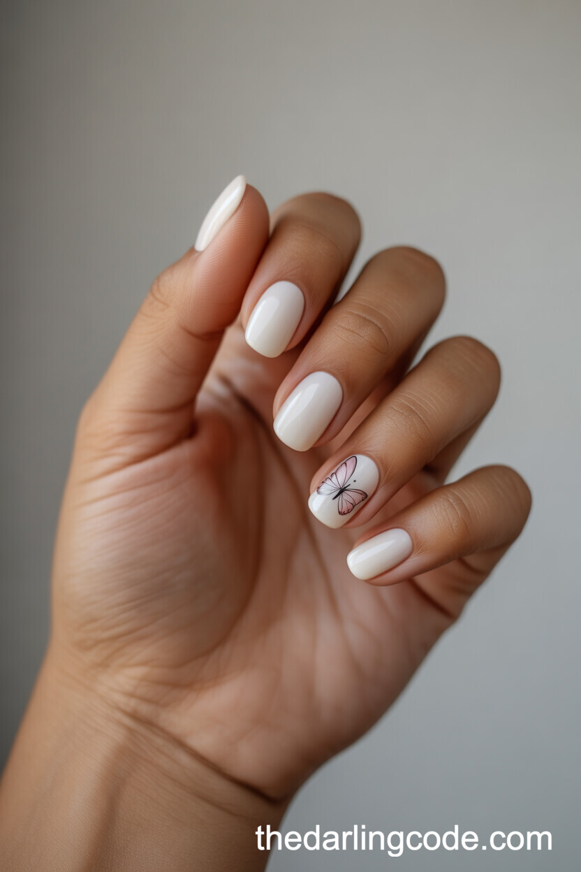 Milky White Squoval Nails With Butterfly Details