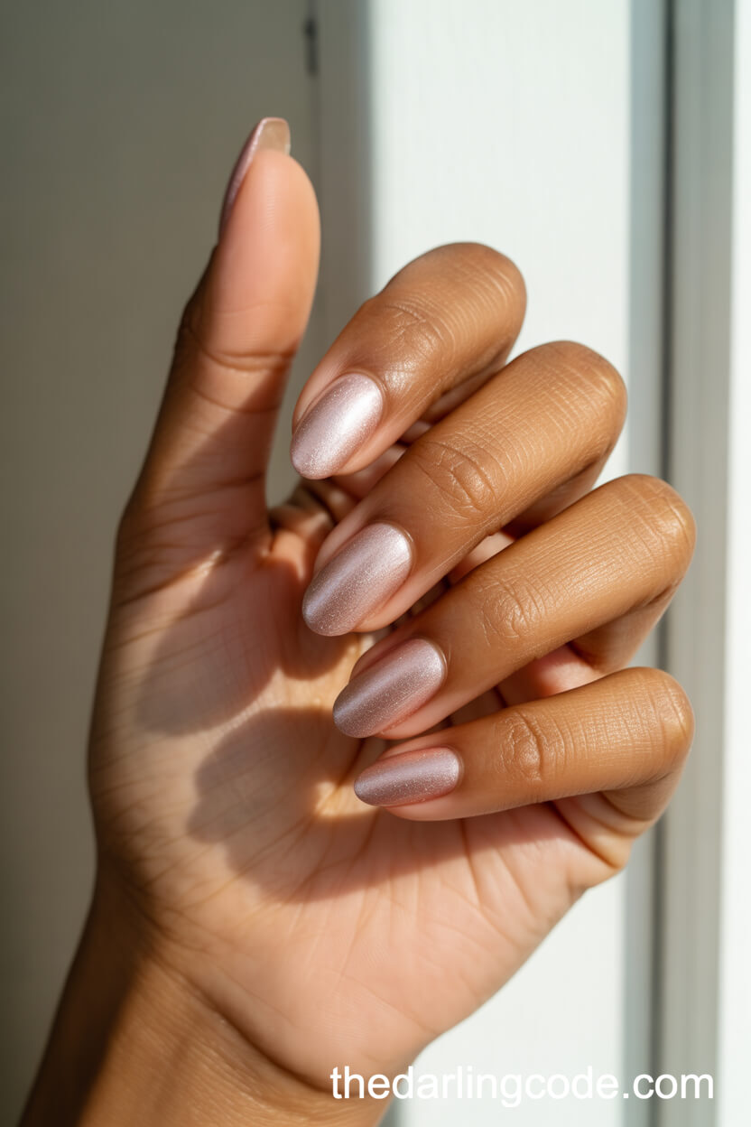 Soft Metallic Rose Gold Almond Nails
