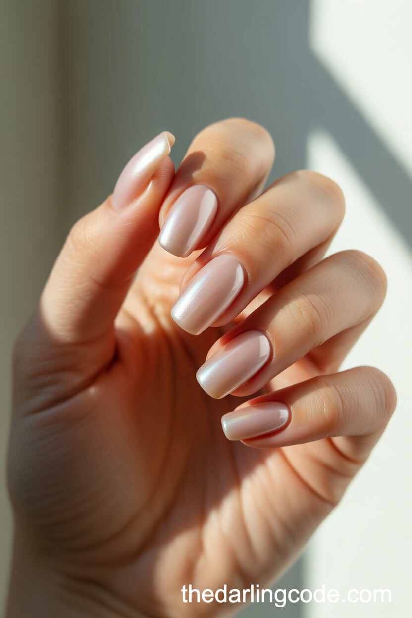 Glossy Pearly Nude Coffin Nails