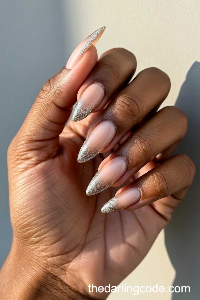 Silver Glitter Gradient Stiletto Nails
